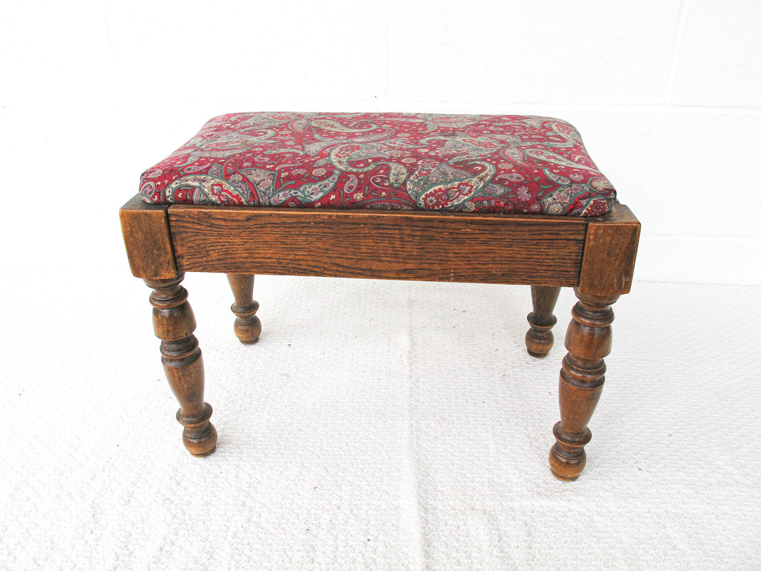 Spindle Wood Stool with Paisly Upholstery