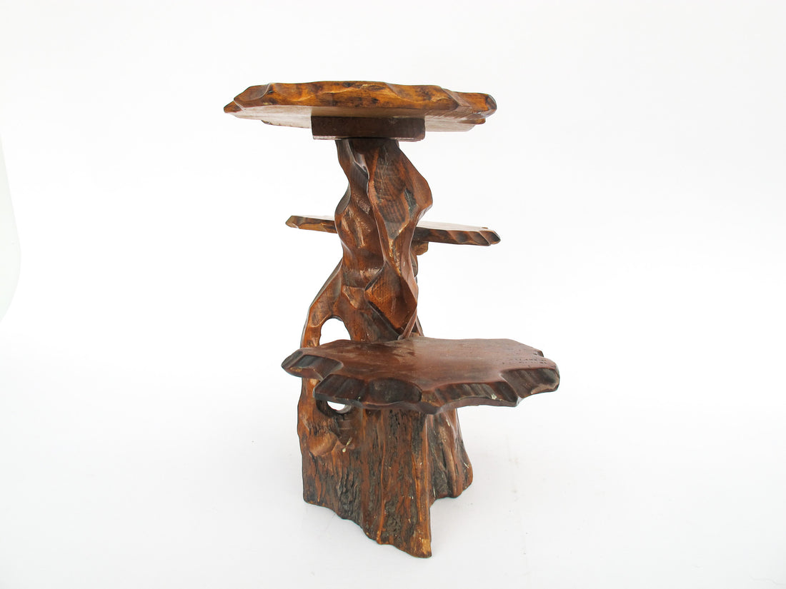 Brutalist Carved Wood 3 Tier Plant Stand Shelf Made in Taiwan 1939