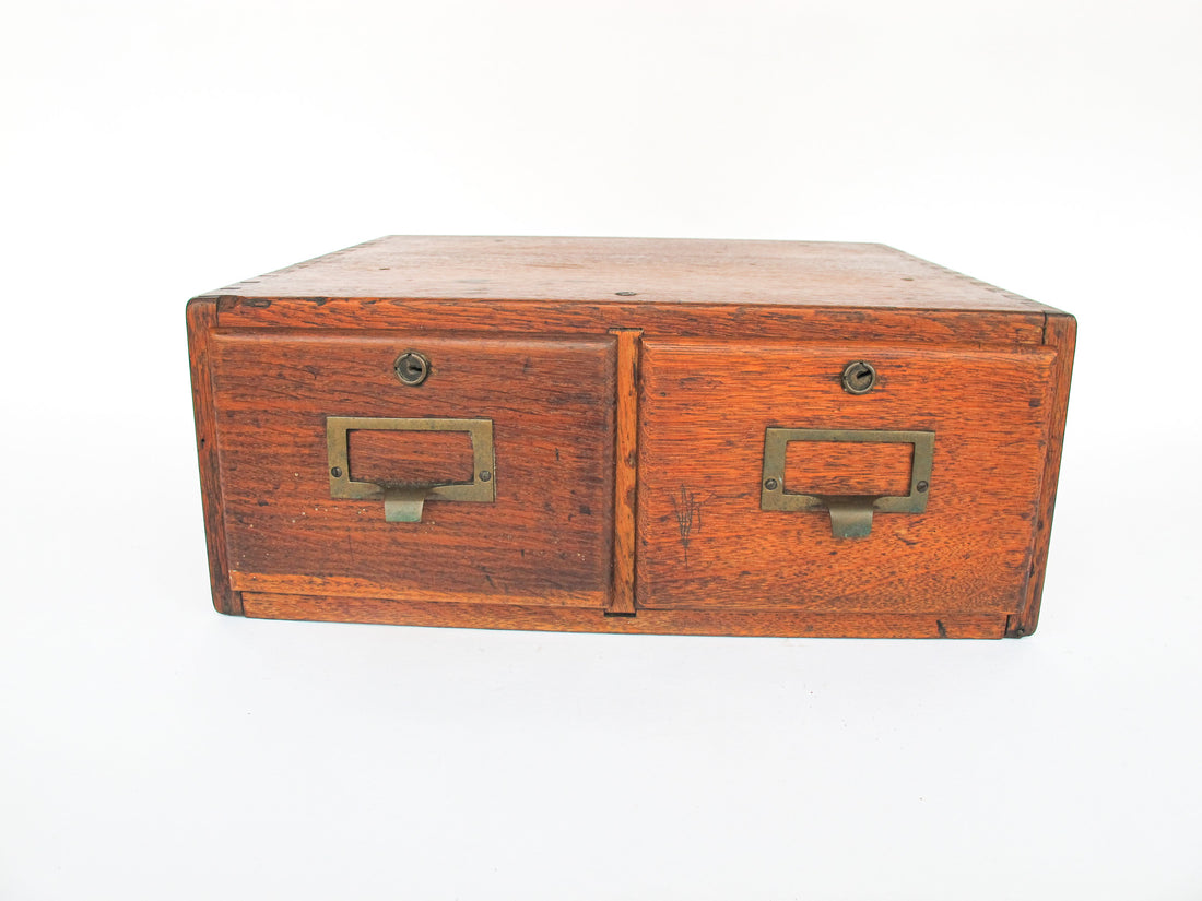 Two Drawer Wood Index Antique Cabinet Card Catalog