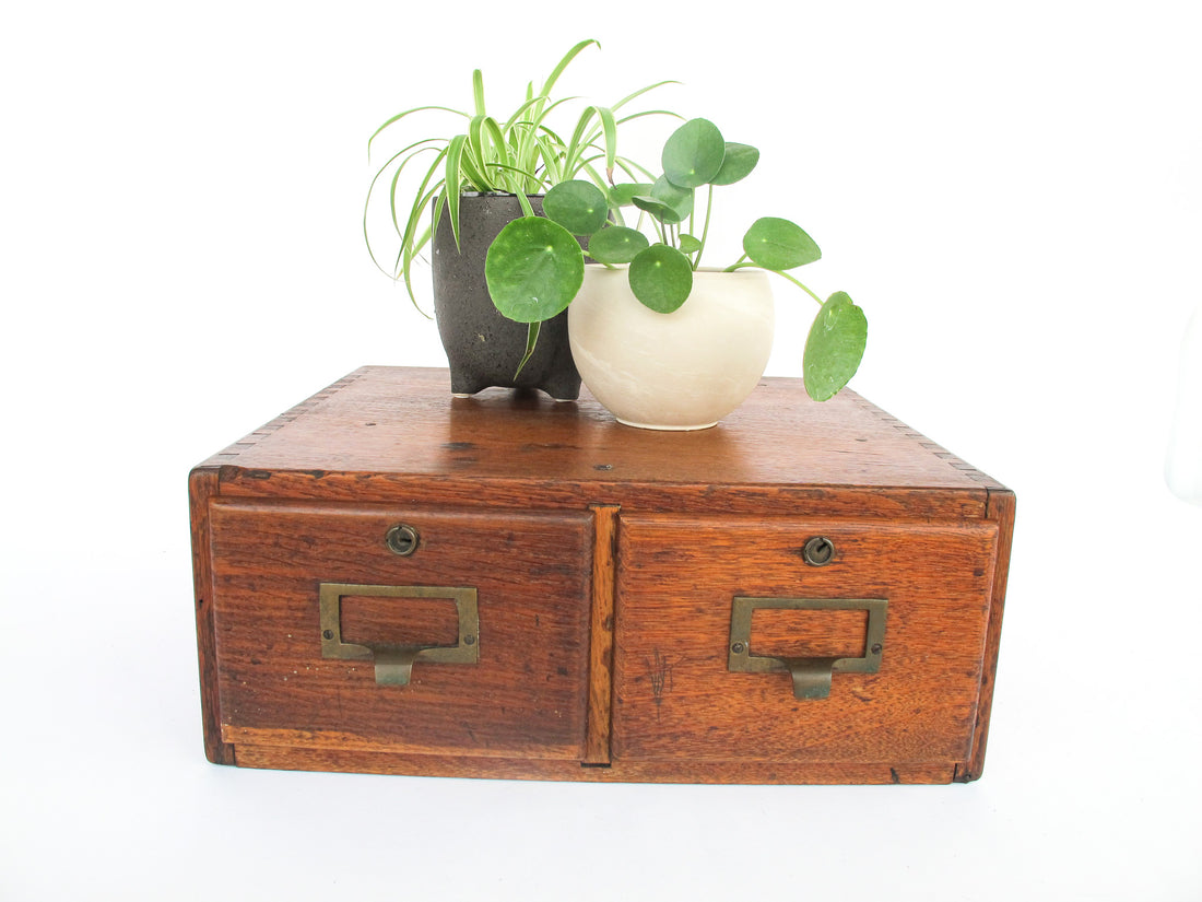 Two Drawer Wood Index Antique Cabinet Card Catalog