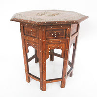 Carved Wood Hexagon Side Tables with Inlay and Fold Down Base Made in India  (2 Available and Sold Individually)