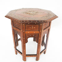 Carved Wood Hexagon Side Tables with Inlay and Fold Down Base Made in India  (2 Available and Sold Individually)