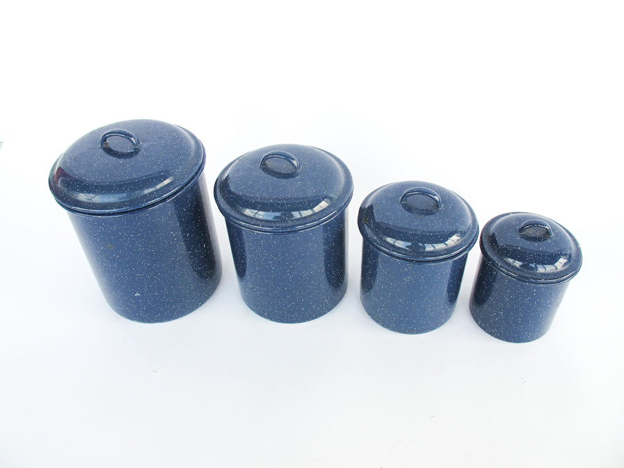 Set of 4 Enamelware Canisters with Lids Made in the USA vintage blue speckle
