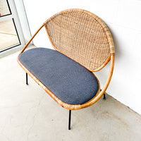 Wicker Midcentury Woven Seattee with Blue Seat Cushion