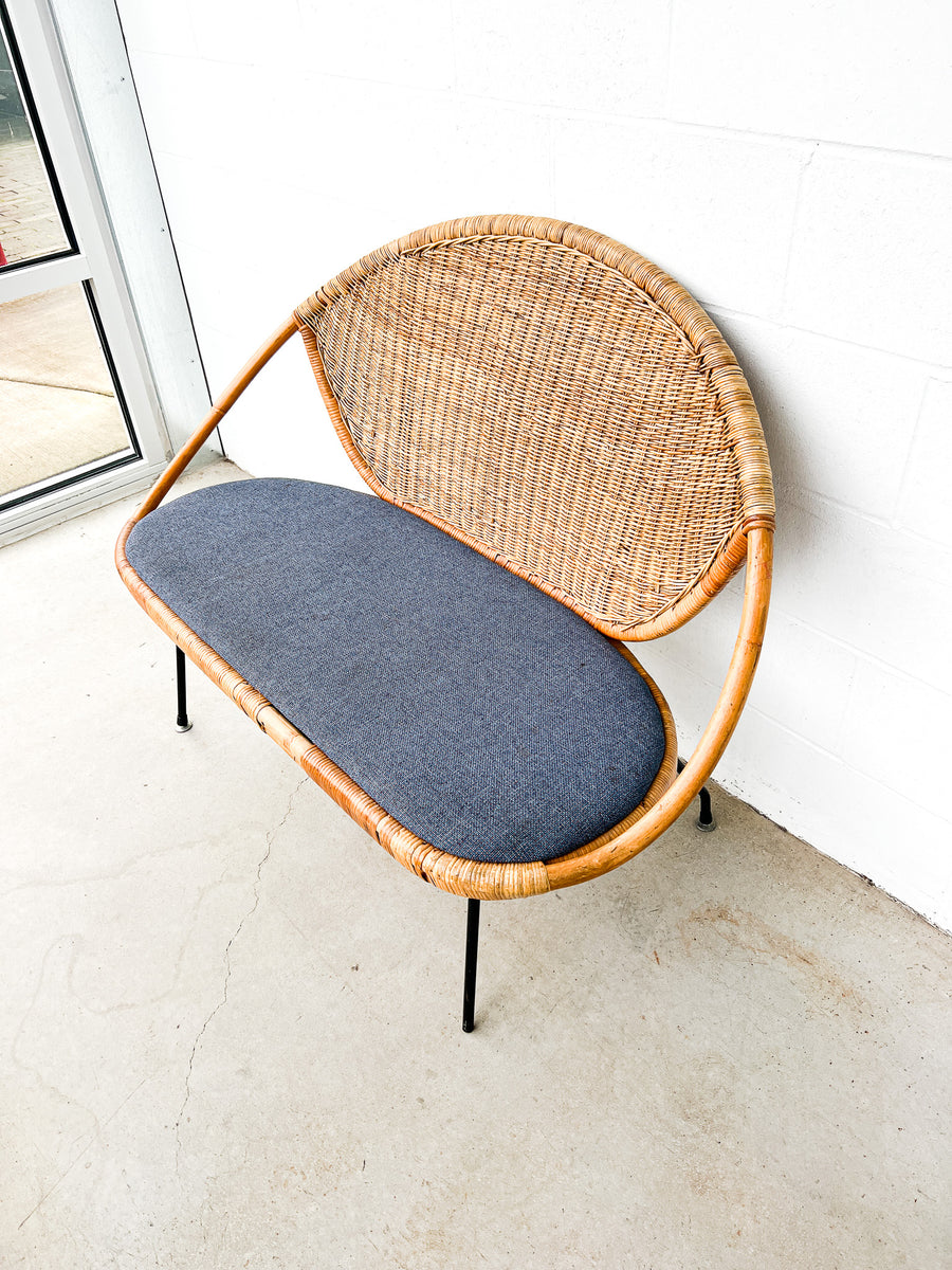 Wicker Midcentury Woven Seattee with Blue Seat Cushion