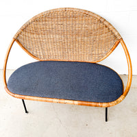 Wicker Midcentury Woven Seattee with Blue Seat Cushion