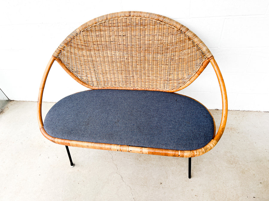 Wicker Midcentury Woven Seattee with Blue Seat Cushion