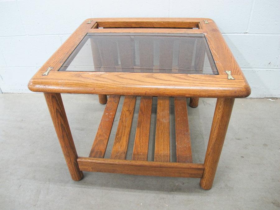 Vintage Oak End Table with Magazine Rack and Glass Top