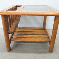 Vintage Oak End Table with Magazine Rack and Glass Top