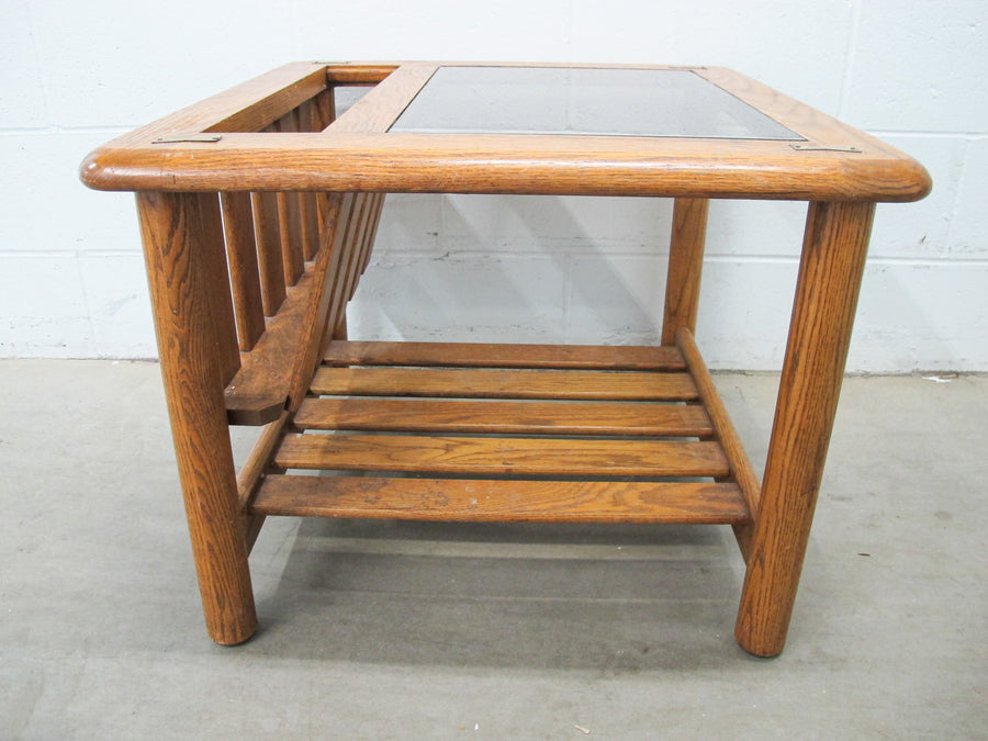 Vintage Oak End Table with Magazine Rack and Glass Top