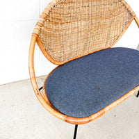 Wicker Midcentury Woven Seattee with Blue Seat Cushion