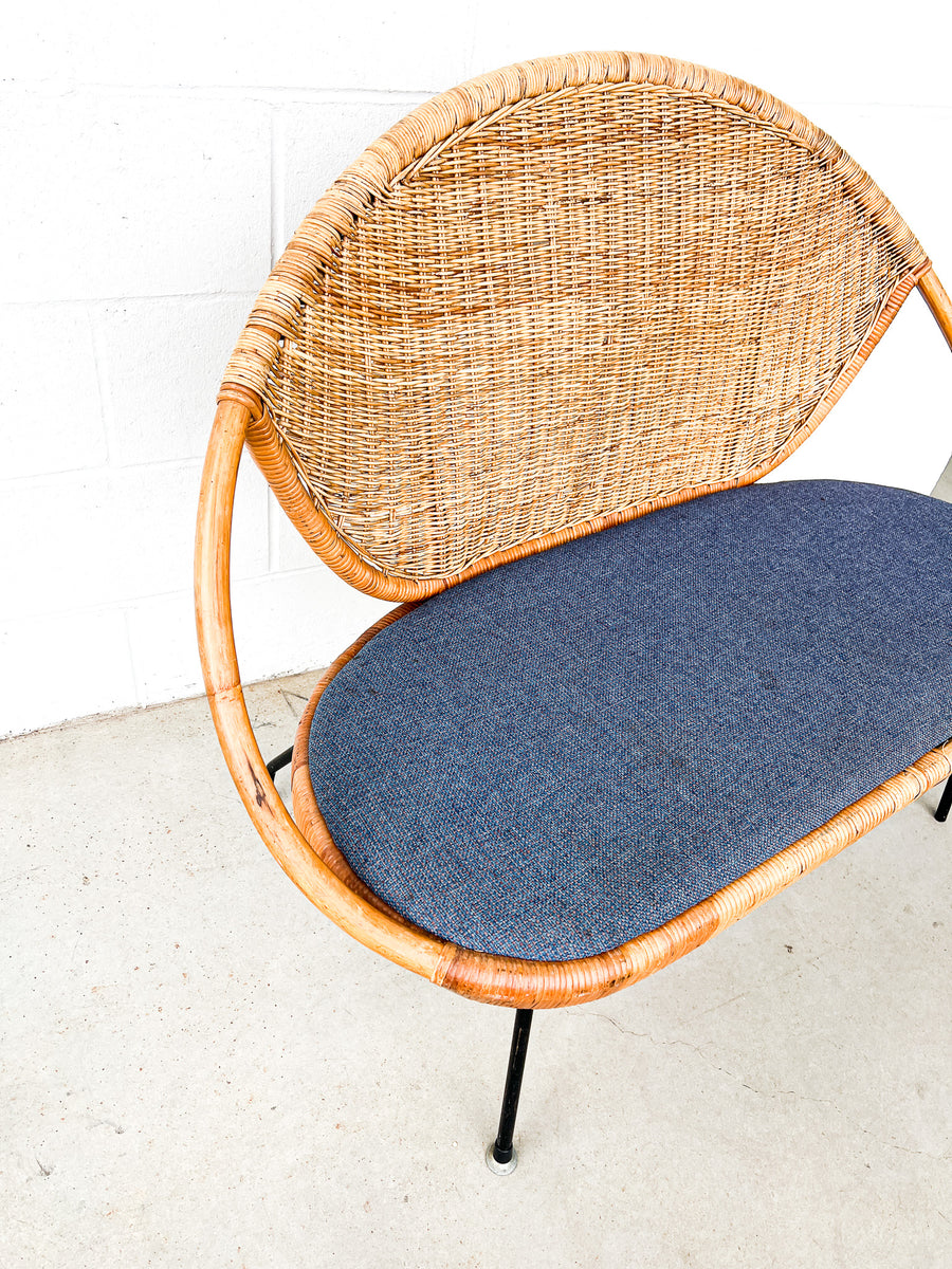 Wicker Midcentury Woven Seattee with Blue Seat Cushion