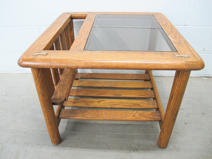 Vintage Oak End Table with Magazine Rack and Glass Top