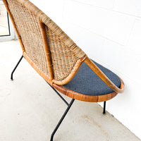 Wicker Midcentury Woven Seattee with Blue Seat Cushion