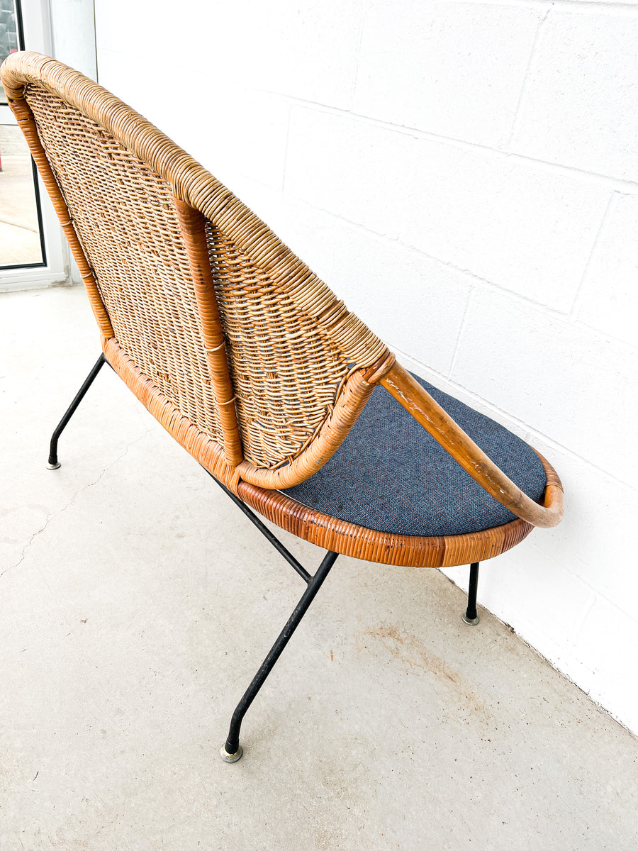 Wicker Midcentury Woven Seattee with Blue Seat Cushion