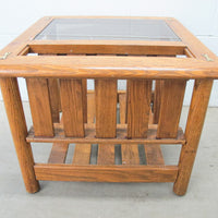 Vintage Oak End Table with Magazine Rack and Glass Top