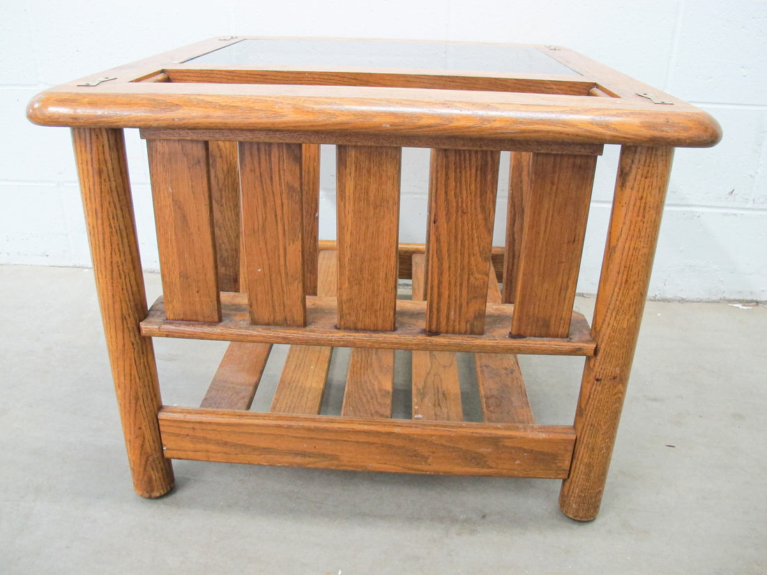 Vintage Oak End Table with Magazine Rack and Glass Top