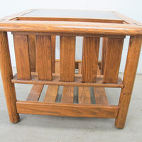 Vintage Oak End Table with Magazine Rack and Glass Top