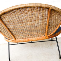 Wicker Midcentury Woven Seattee with Blue Seat Cushion