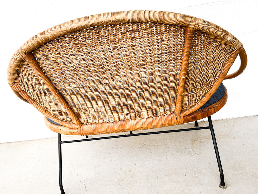 Wicker Midcentury Woven Seattee with Blue Seat Cushion