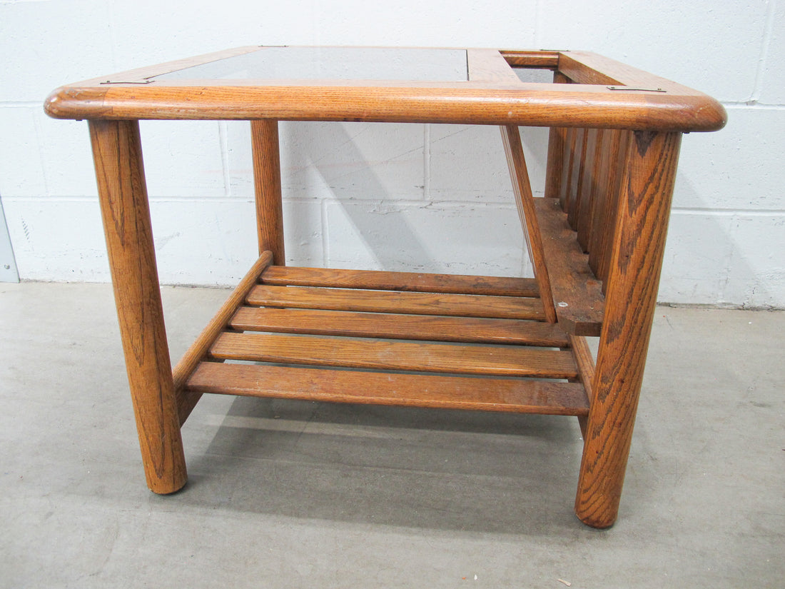 Vintage Oak End Table with Magazine Rack and Glass Top