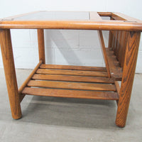 Vintage Oak End Table with Magazine Rack and Glass Top