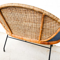 Wicker Midcentury Woven Seattee with Blue Seat Cushion