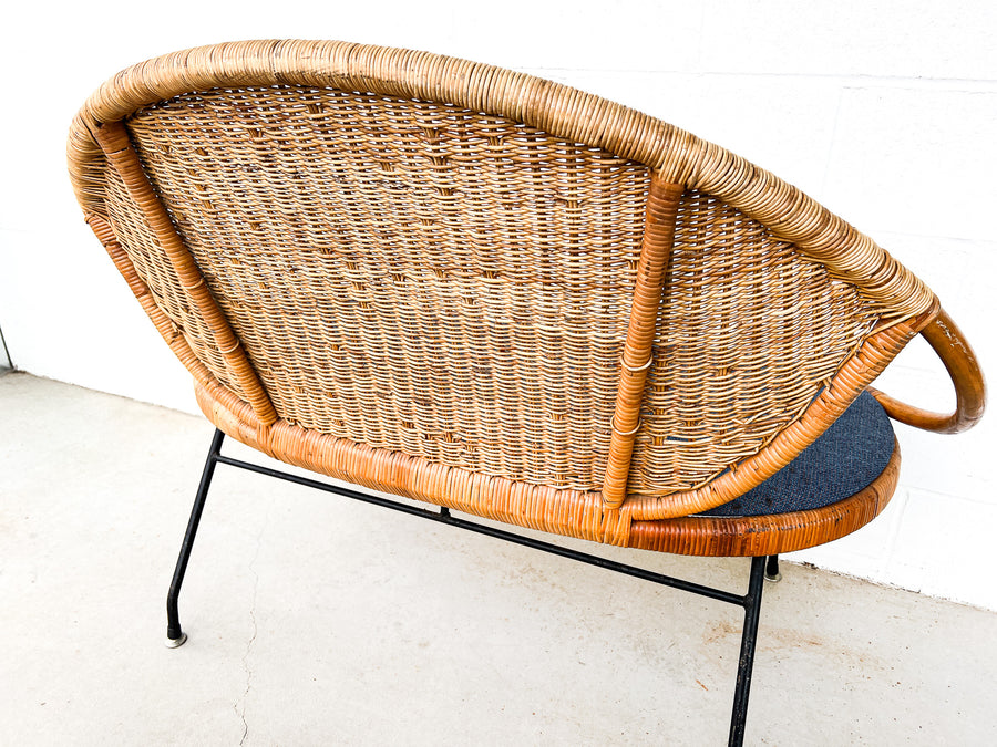 Wicker Midcentury Woven Seattee with Blue Seat Cushion