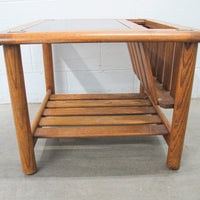 Vintage Oak End Table with Magazine Rack and Glass Top