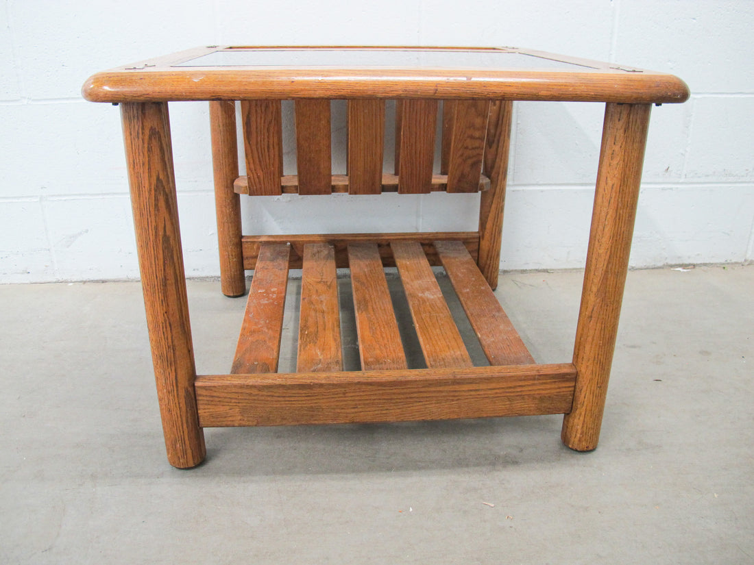 Vintage Oak End Table with Magazine Rack and Glass Top