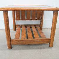 Vintage Oak End Table with Magazine Rack and Glass Top