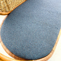 Wicker Midcentury Woven Seattee with Blue Seat Cushion