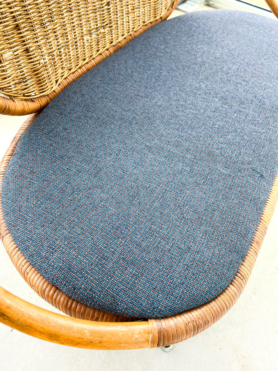 Wicker Midcentury Woven Seattee with Blue Seat Cushion