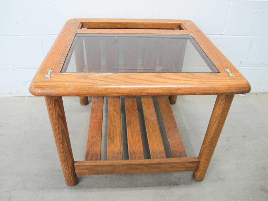 Vintage Oak End Table with Magazine Rack and Glass Top