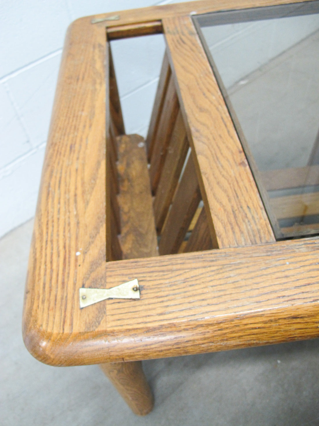 Vintage Oak End Table with Magazine Rack and Glass Top