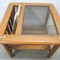 Vintage Oak End Table with Magazine Rack and Glass Top