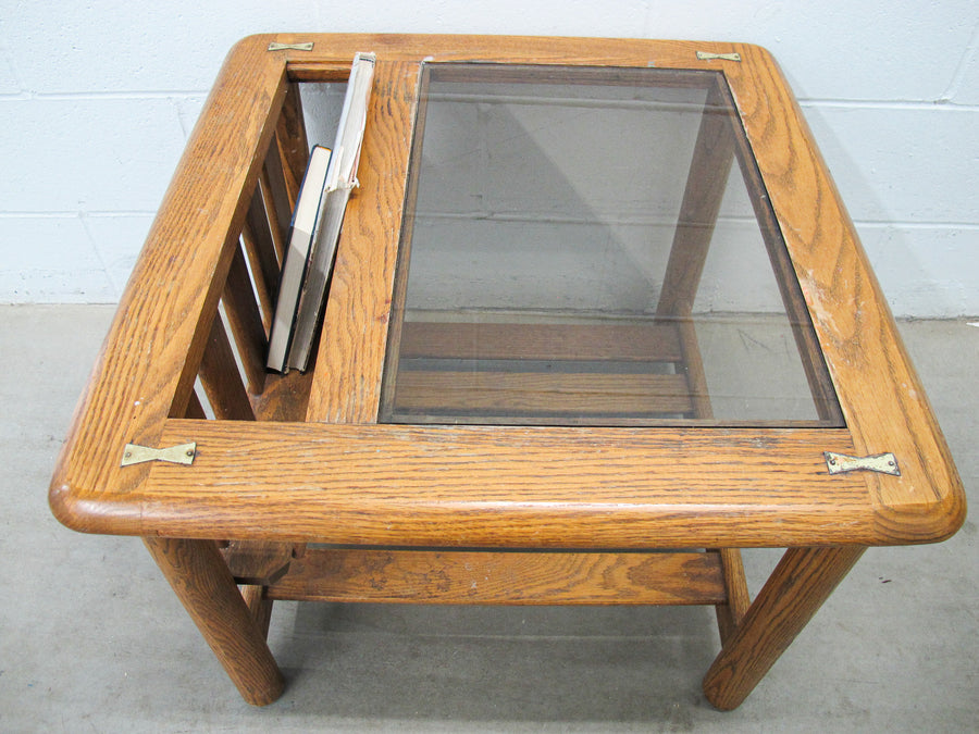 Vintage Oak End Table with Magazine Rack and Glass Top