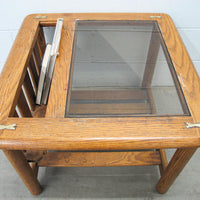 Vintage Oak End Table with Magazine Rack and Glass Top