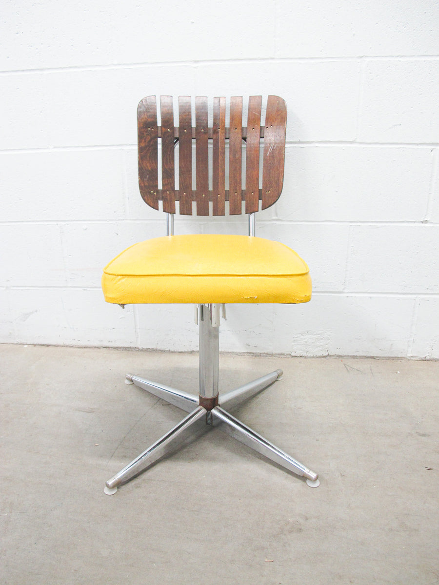 Midcentury Rotating Vinyl Chair with Slatted Wood Back and Chrome Base