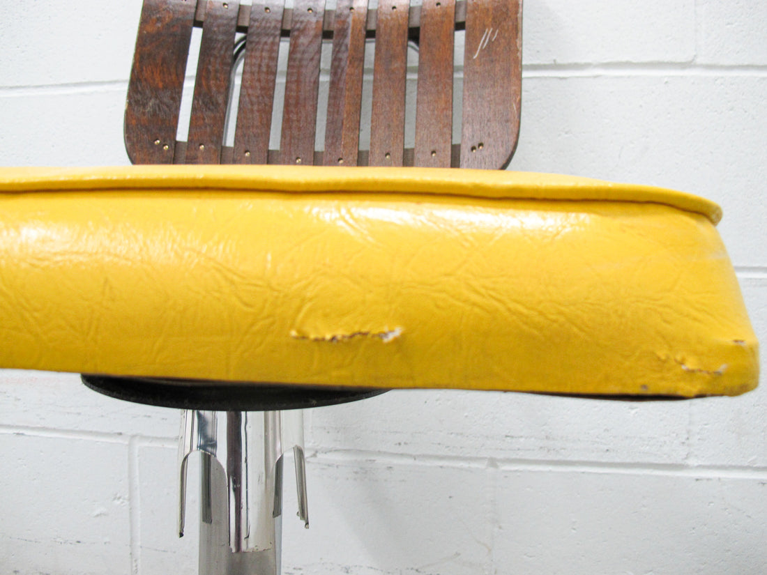 Midcentury Rotating Vinyl Chair with Slatted Wood Back and Chrome Base