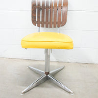 Midcentury Rotating Vinyl Chair with Slatted Wood Back and Chrome Base