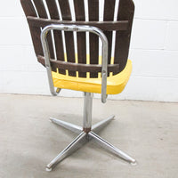 Midcentury Rotating Vinyl Chair with Slatted Wood Back and Chrome Base