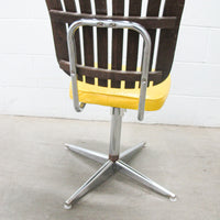 Midcentury Rotating Vinyl Chair with Slatted Wood Back and Chrome Base