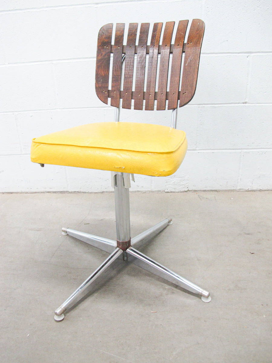 Midcentury Rotating Vinyl Chair with Slatted Wood Back and Chrome Base