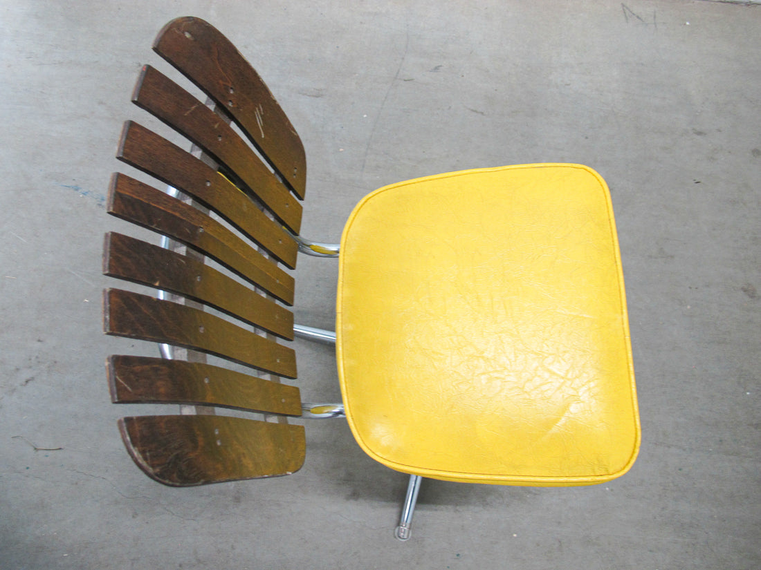 Midcentury Rotating Vinyl Chair with Slatted Wood Back and Chrome Base