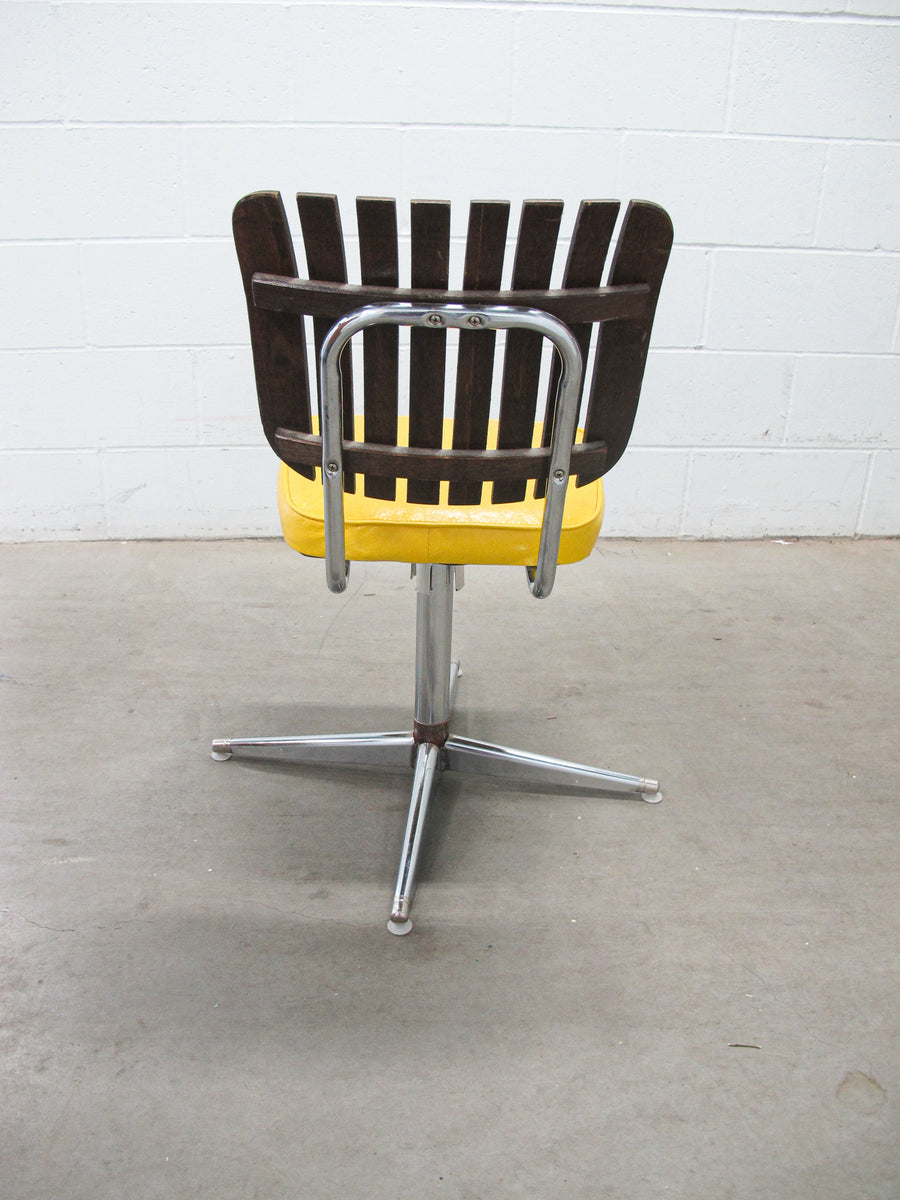 Midcentury Rotating Vinyl Chair with Slatted Wood Back and Chrome Base