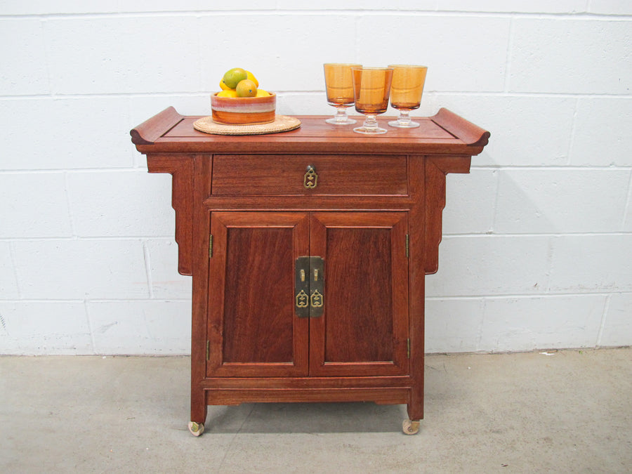 Midcentury  Rolling Wood Bar Cabinet