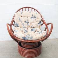 Bamboo Nest Pampasan Chair with Tan and Blue Cushion in Dark Stain