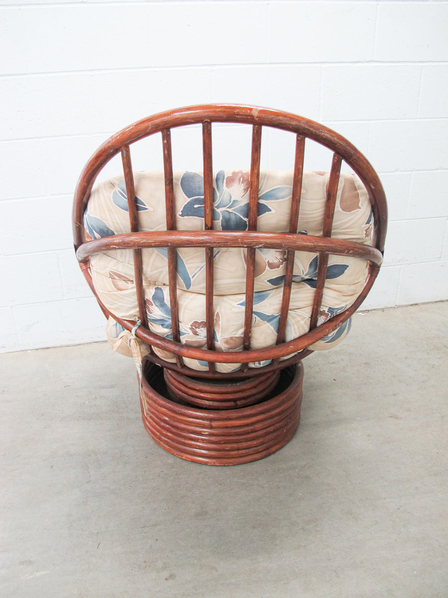Bamboo Nest Pampasan Chair with Tan and Blue Cushion in Dark Stain