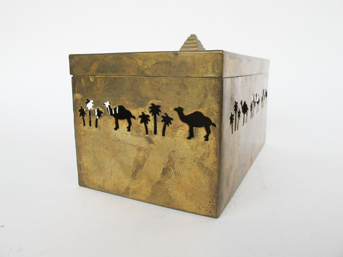 Vintage Brass Box with Pyramid Pull and Camel Palm Tree Cutouts